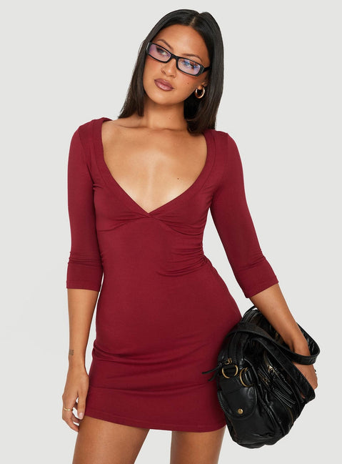 Florisa 3/4 Sleeve V Neck Mini Dress Red
