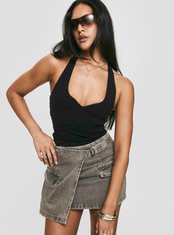   front view of model wearing Princess Polly Bambas Wrap Denim Mini Skirt Washed Green Mini Skirts 