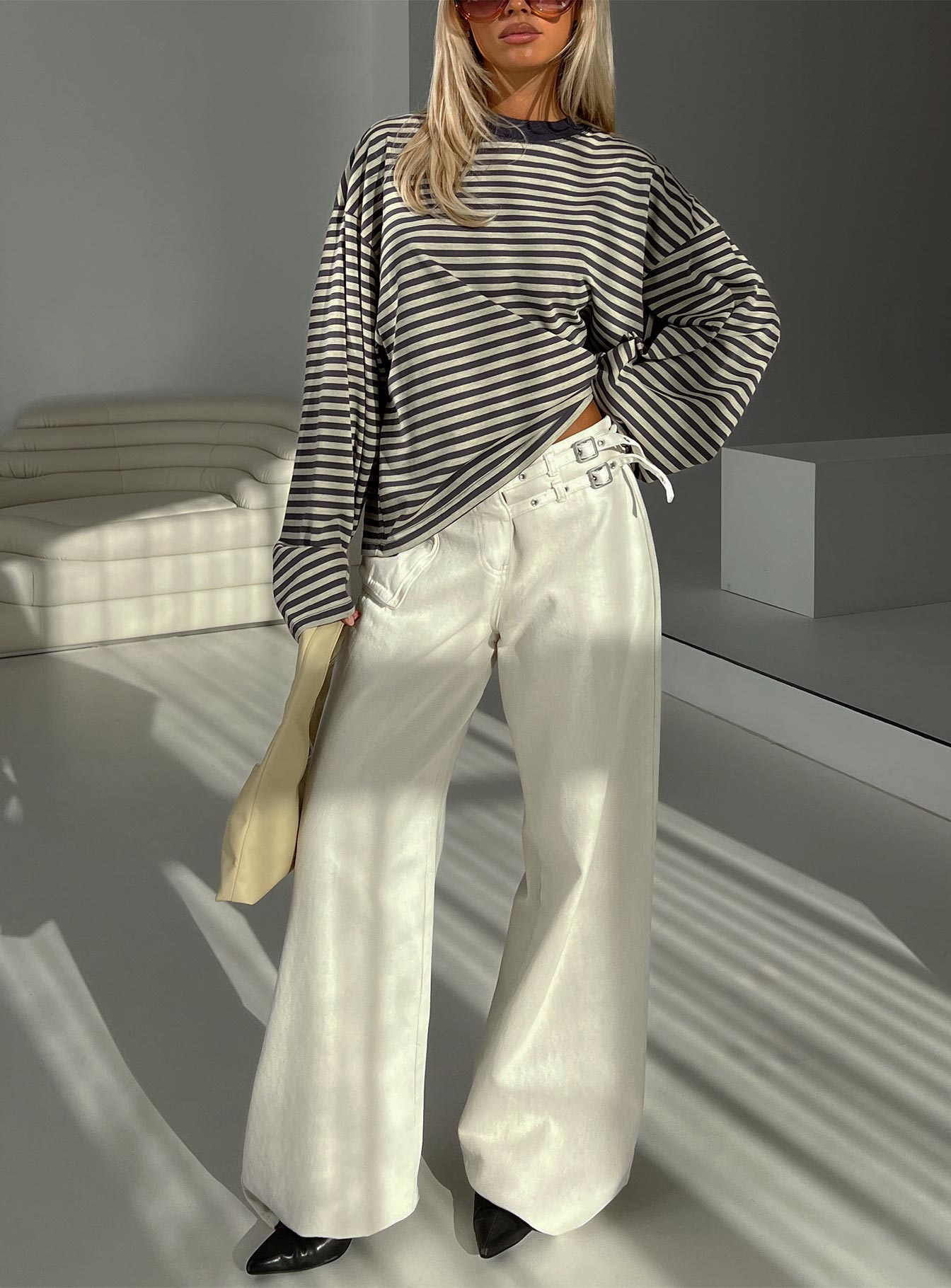 front view of model wearing Princess Polly Bloom Long Sleeve Top Beige Stripe Full Sleeves Crew Neck 