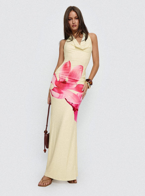 Raleina Halter Cowl Neck Maxi Dress Lemon Floral