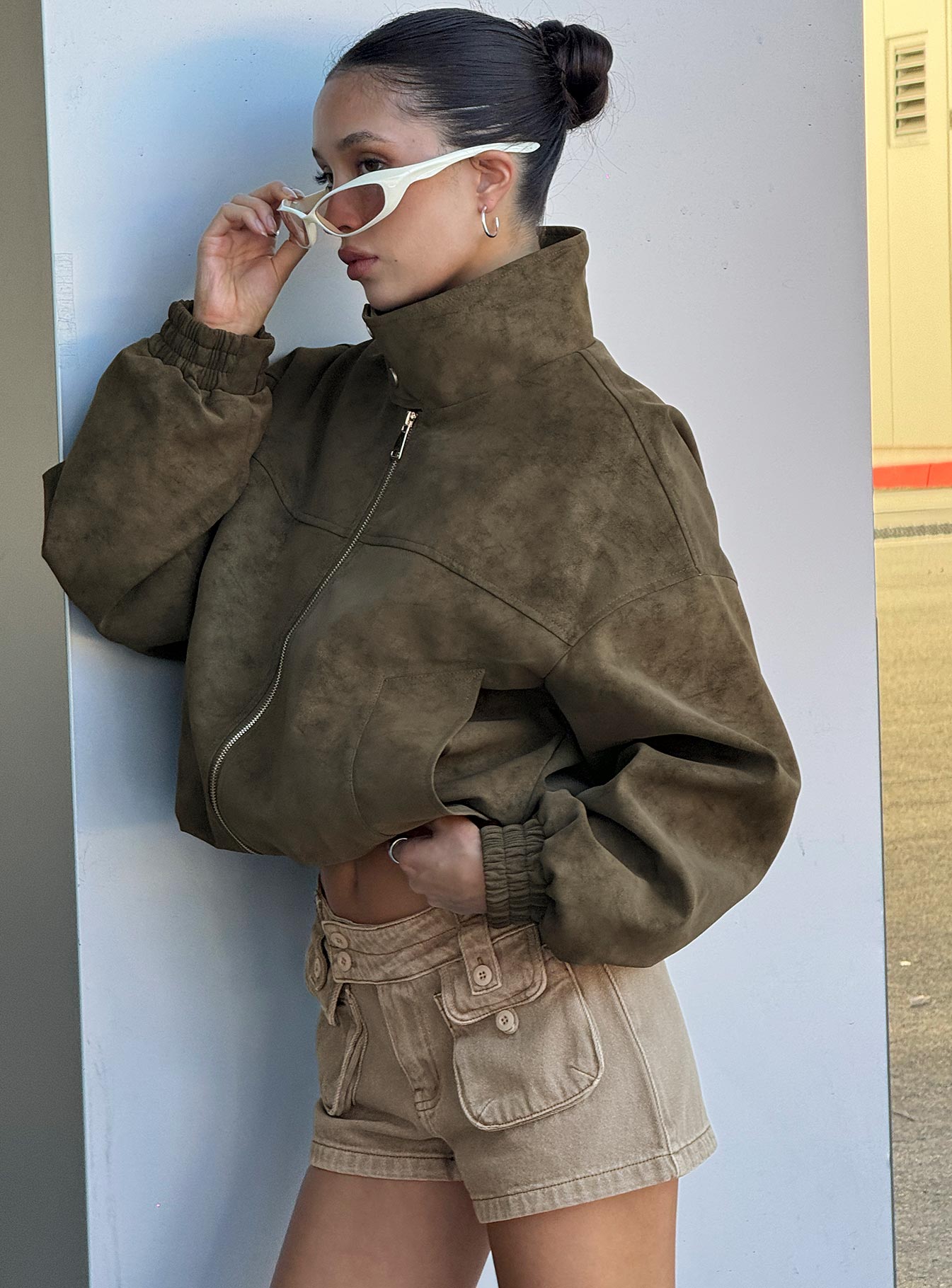 Ellissa Faux Suede Bomber Jacket Khaki