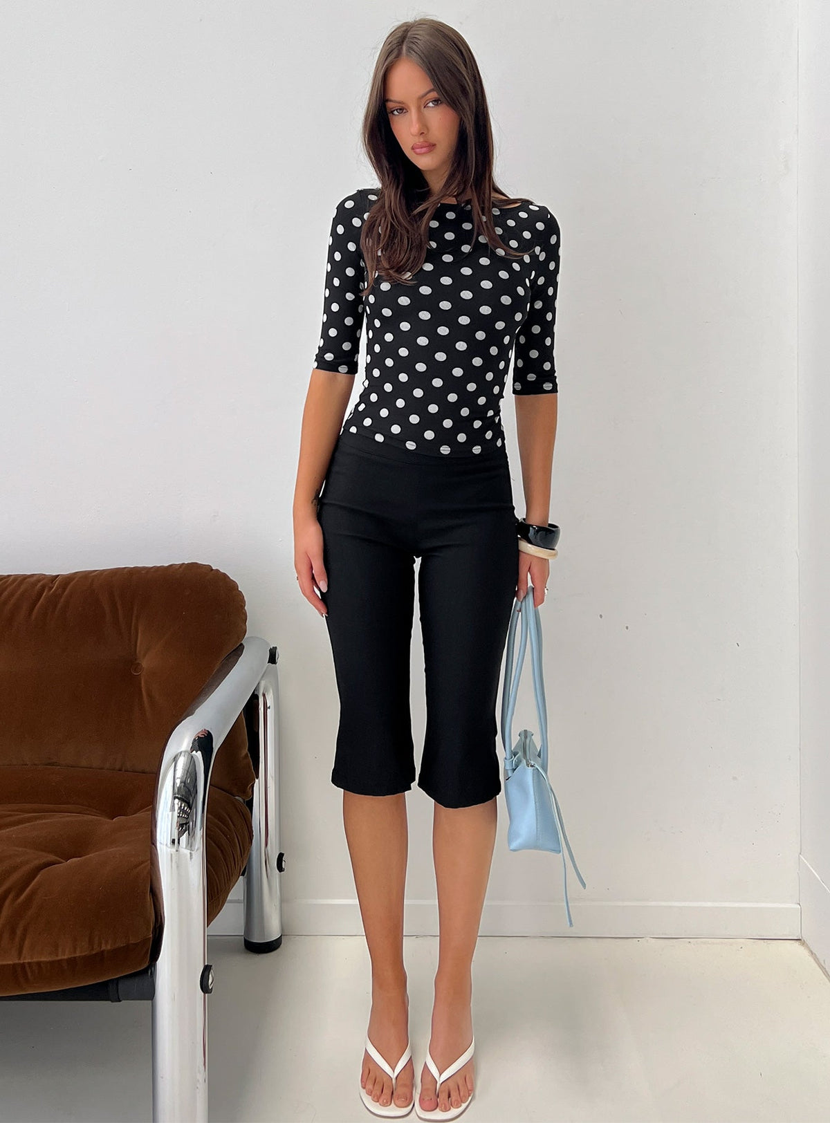 Venna 3/4 Sleeve Boat Neck Top Black / White Polka