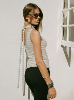 Roana Reversible Scarf Tie Knit Top Grey Stripe