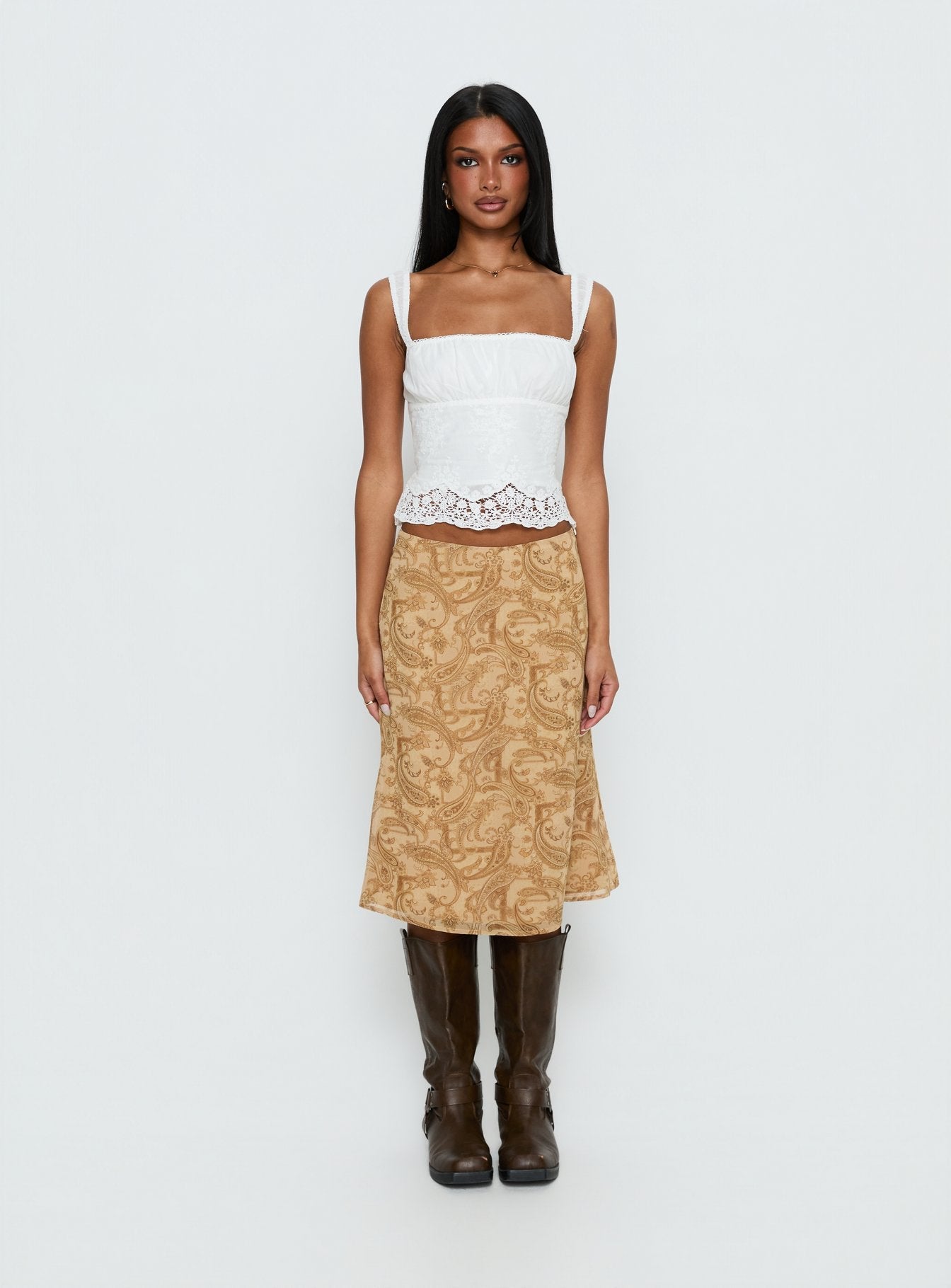   front view of model wearing Princess Polly Moses Midi Skirt Paisley Midi Skirts 