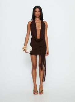 Snakepit Halter Plunge Mini Dress Chocolate