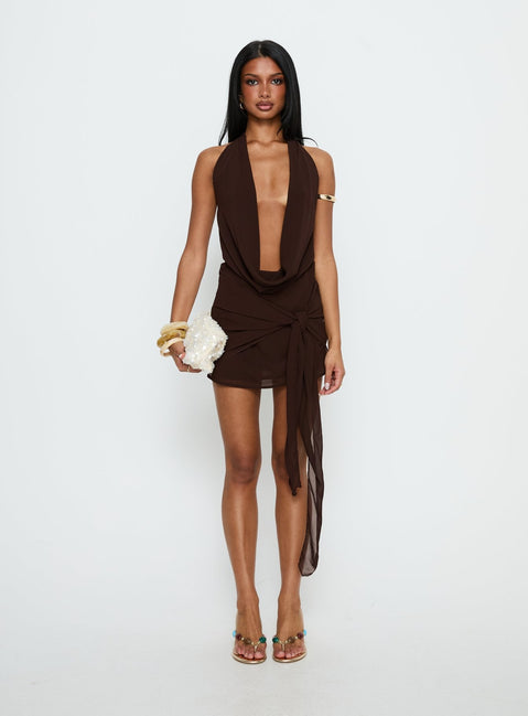 Snakepit Halter Plunge Mini Dress Chocolate