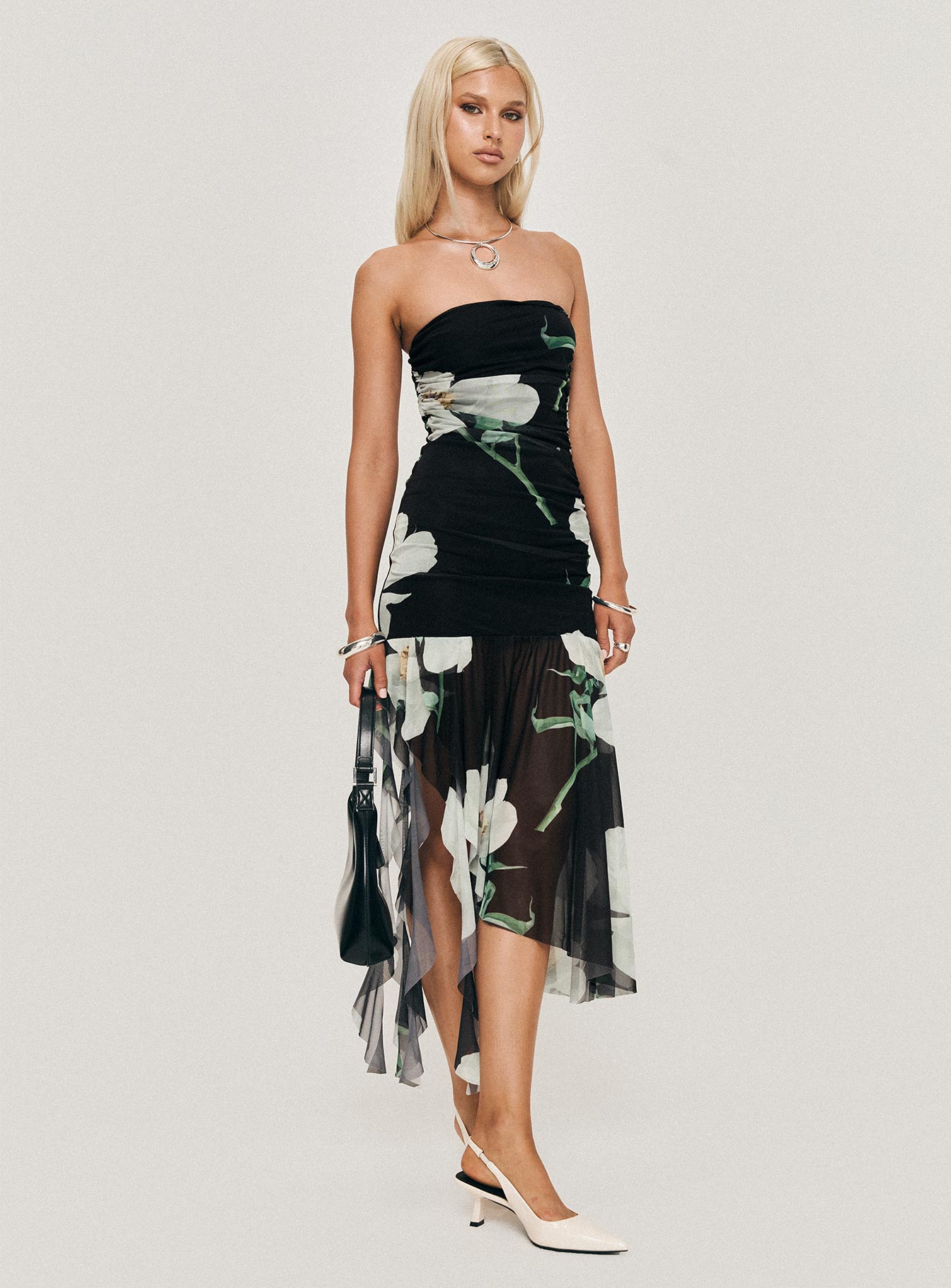 side view of model wearing Princess Polly Nektaria Strapless Midi Dress Multi Straight Neck 