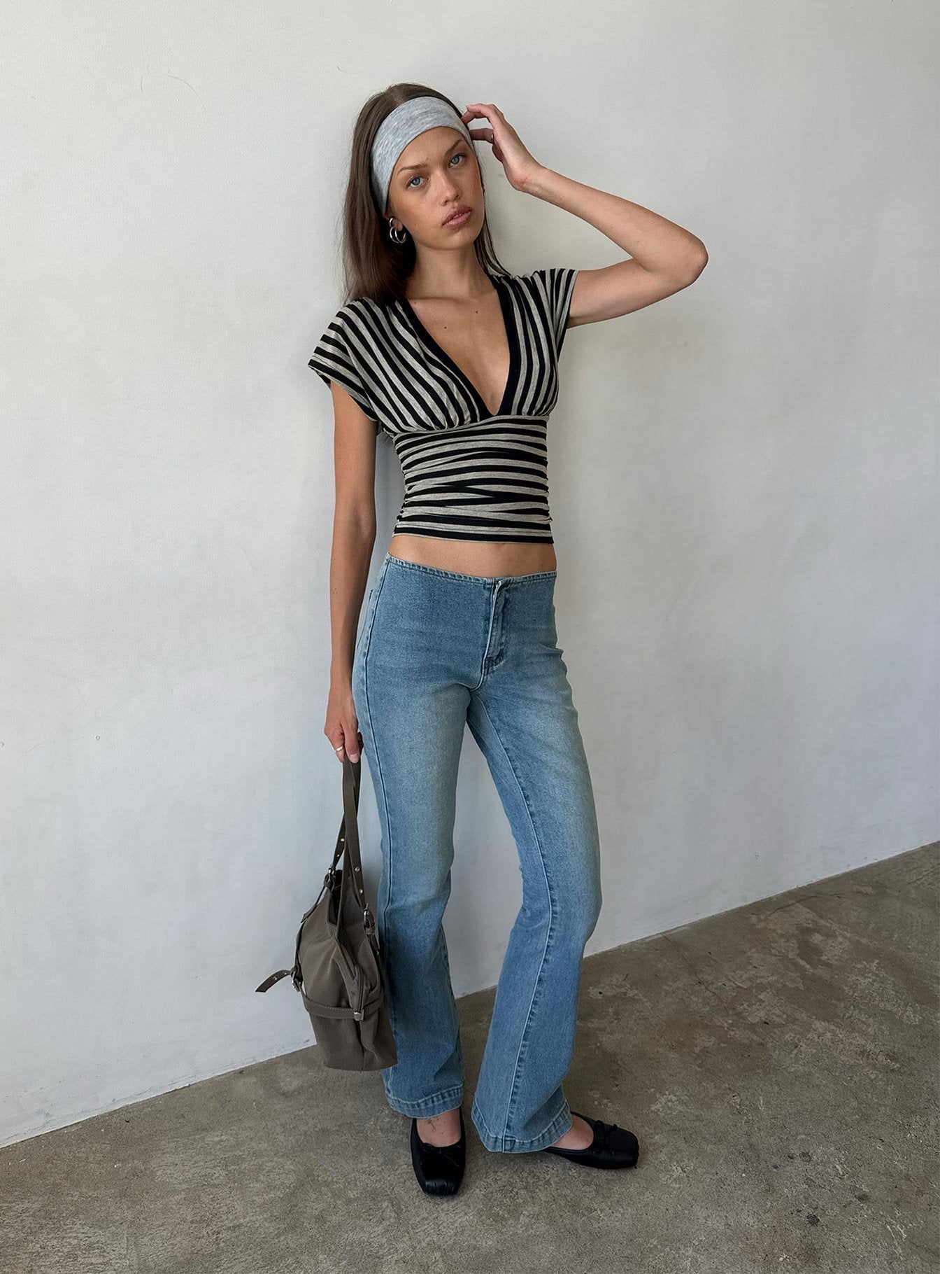 Eleanorre Batwing V Neck Top Grey Stripe