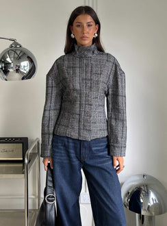 Cathrine Cinched High Neck Jacket Grey Plaid