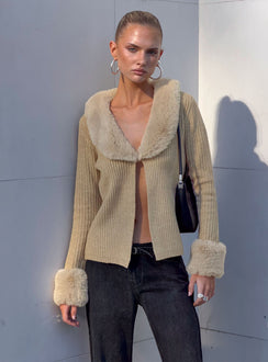 Designed with Gisele Faux Fur Trim Long Sleeve Sand womens jumpers and short length front view of model wearing Princess Polly