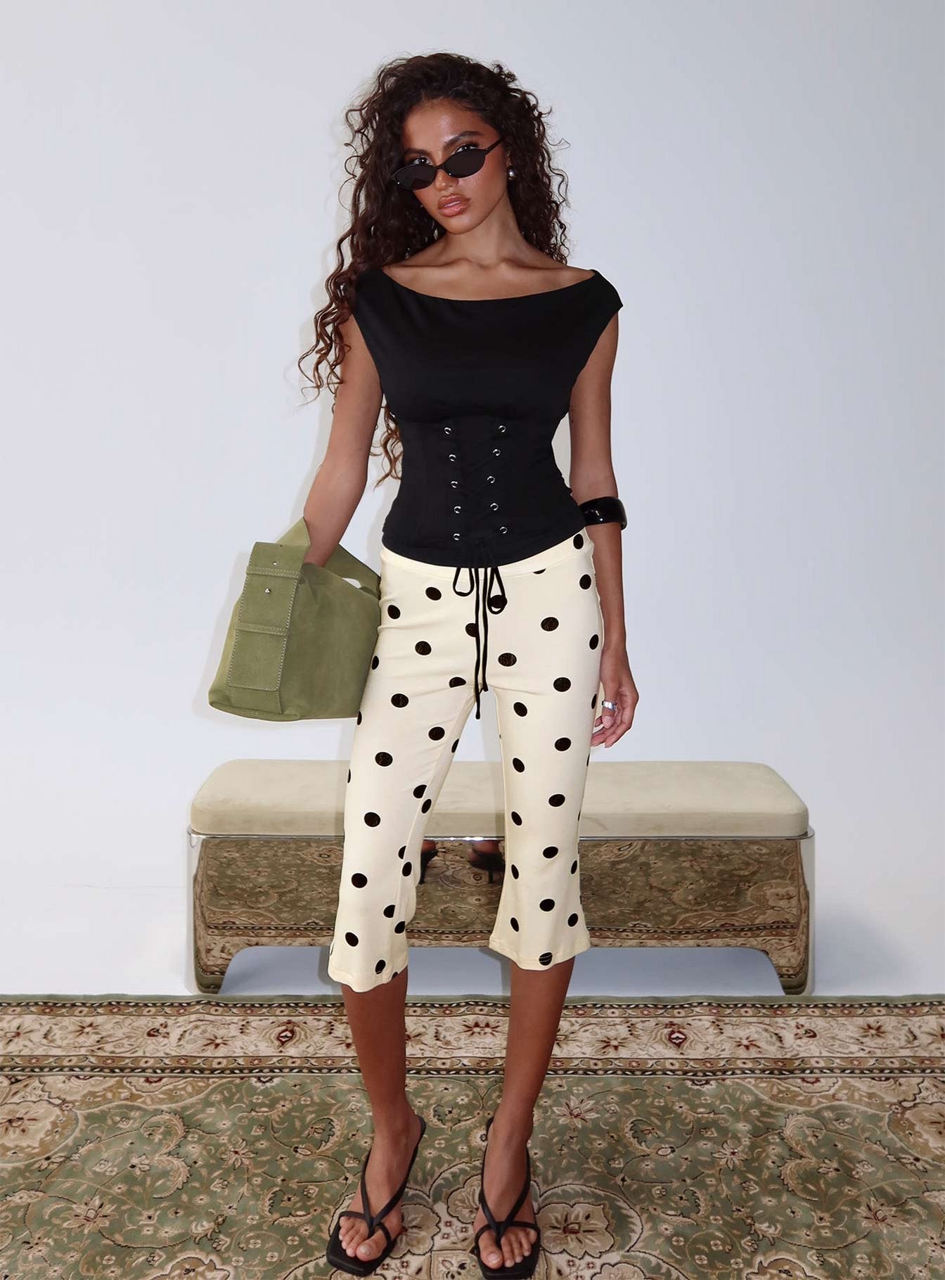 front view of model wearing Princess Polly Samaira Capri Pant Cream Polka Dot Mid Rise Pants 