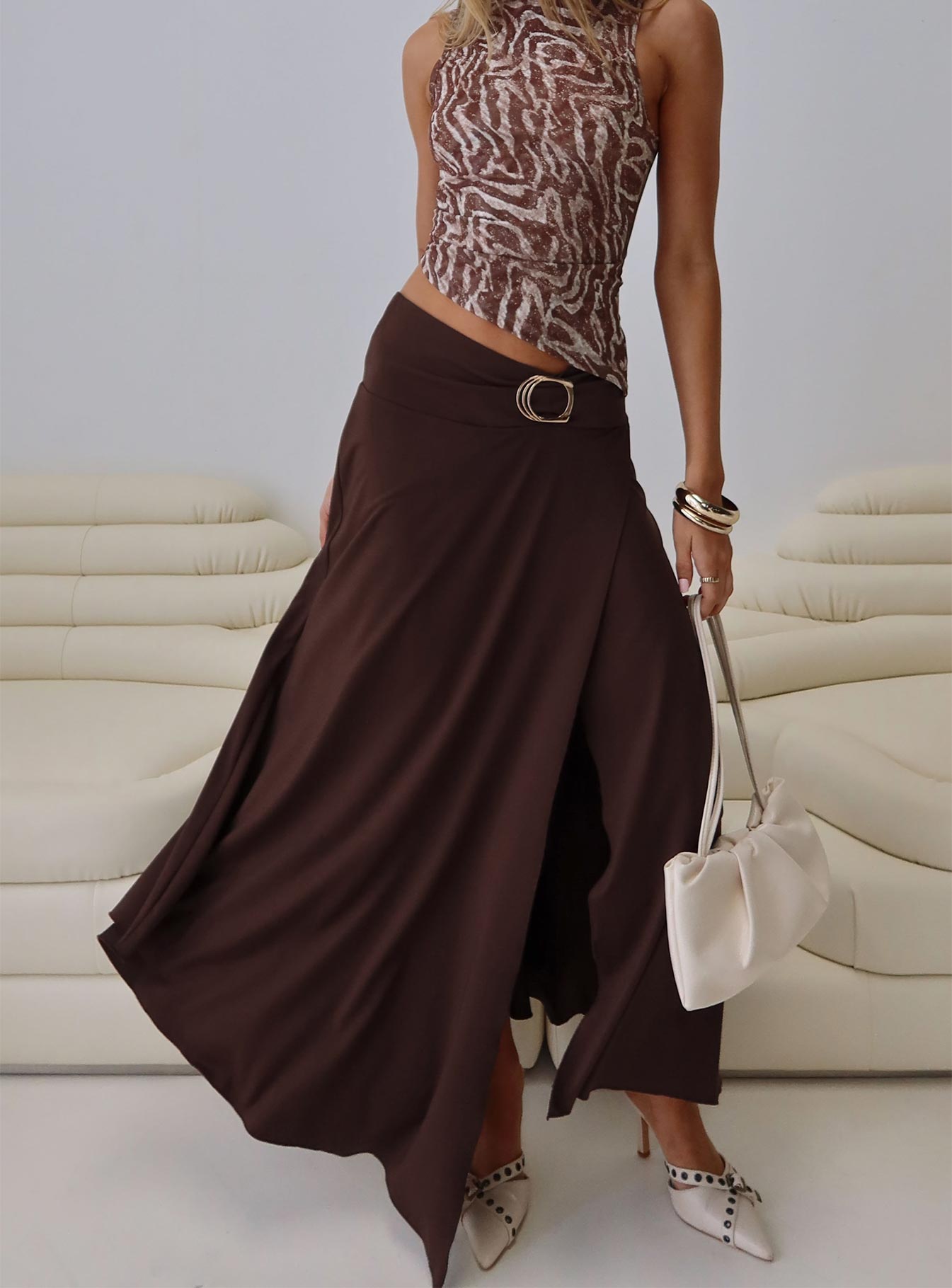 back view of model wearing Princess Polly Nola Hardware Slit Maxi Skirt Brown Maxi 