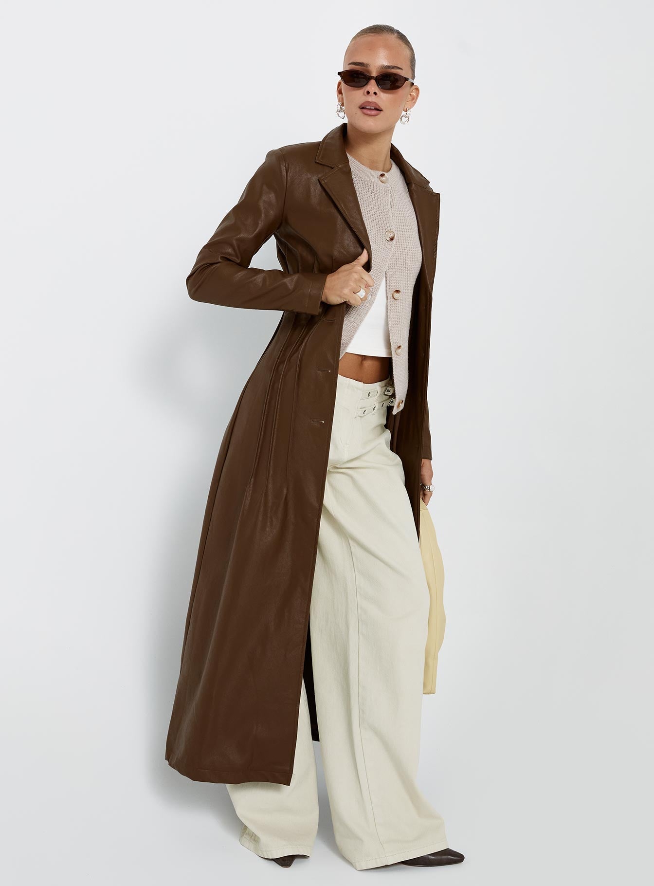 Speak Easy Long Line Faux Leather Coat Brown
