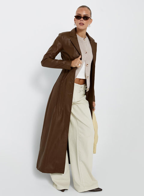 Speak Easy Long Line Faux Leather Coat Brown