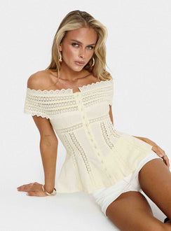 Stately Off Shoulder Lace Trim Top Lemon