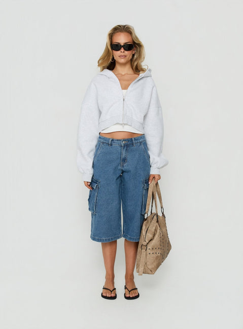 Hudsen Longline Cargo Denim Jorts Mid Blue Wash