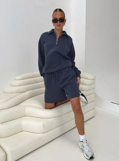 front view of model wearing Princess Polly Dream Fleece Quarter Zip Sweatshirt Navy 