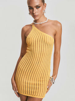 Yellow Mini dress Crochet material, one shoulder style, fixed straps