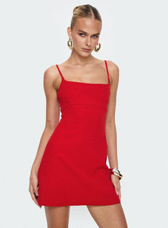 front view of model wearing Princess Polly Rousselet Mini Dress Red Square Neck 