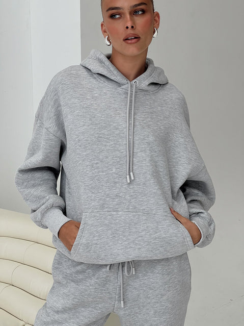 front view of model wearing Princess Polly Dream Fleece Classic Hoodie Grey Marle Longline Jumpers 