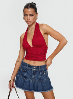 front view of model wearing Princess Polly Love Coast Top Red Sleeveless Plunger 