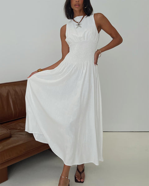 front view of model wearing Princess Polly Lilienne Shirred Maxi Dress White Crew Neck 