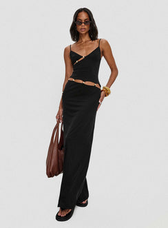 side view of model wearing Princess Polly Allspice Beaded Maxi Dress Black Plunger 