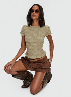 front view of model wearing Princess Polly Romelle Shirred Top Green / Brown Plaid Short Sleeves Crew Neck 