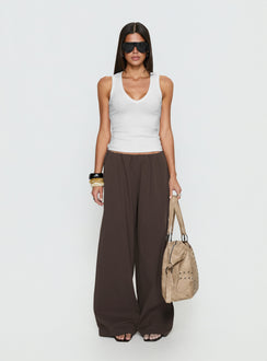 Crafted with Lunea Concealed Waistband Pants Brown Tall in womens regular pants with high-rise on-body view of model wearing Princess Polly
