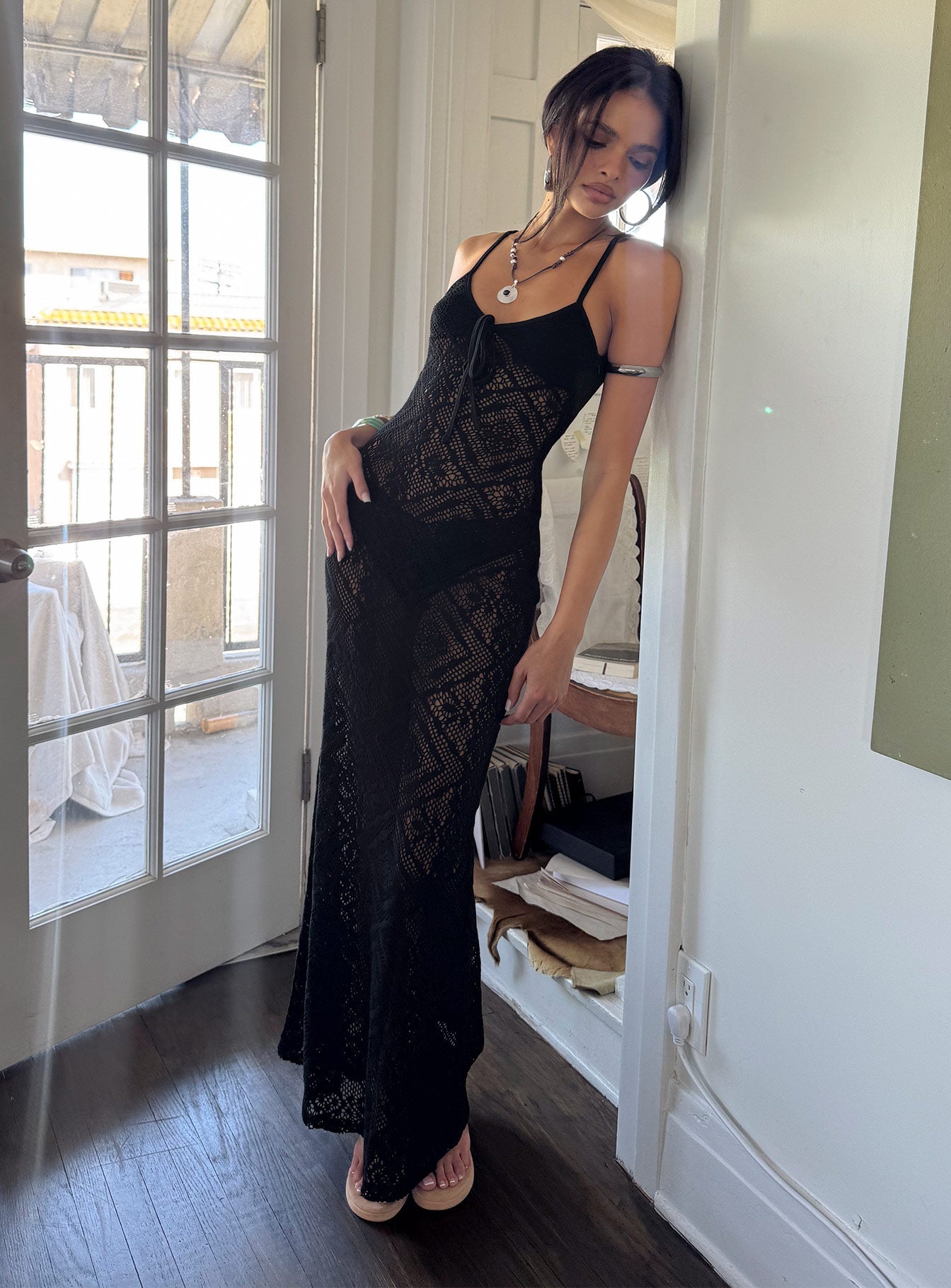 Eminent Crochet Low Back Maxi Dress Black