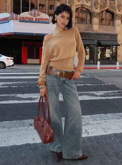 front view of model wearing Princess Polly Xaria Off Shoulder Knit Sweater Tan 