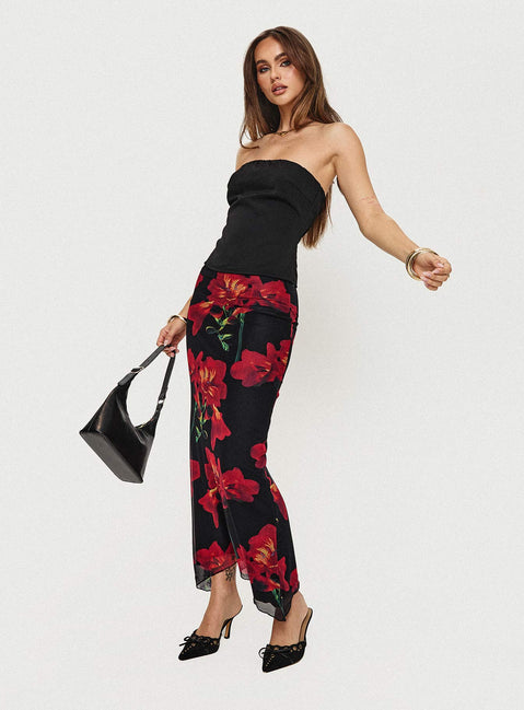 Maxi skirt Floral print, mesh material, elasticated waistband, curved hem Good stretch, fully lined  Princess Polly Lower Impact 