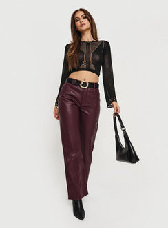 back view of model wearing Princess Polly Dempsey Faux Leather Pants Deep Cherry High Waisted Pants 