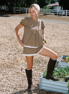 Chandelier Mini Lace Trim Shorts Brown Check