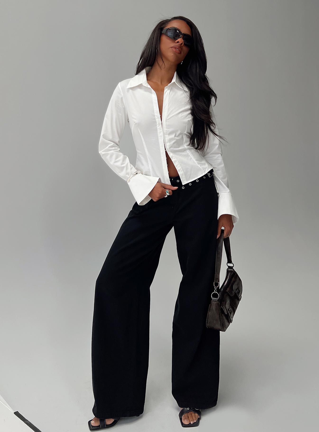 By The Phone Long Sleeve Collared Top White