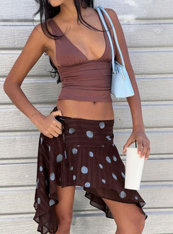 Hevenna Asymmetrical Chiffon Mini Skirt Brown / Blue Polka