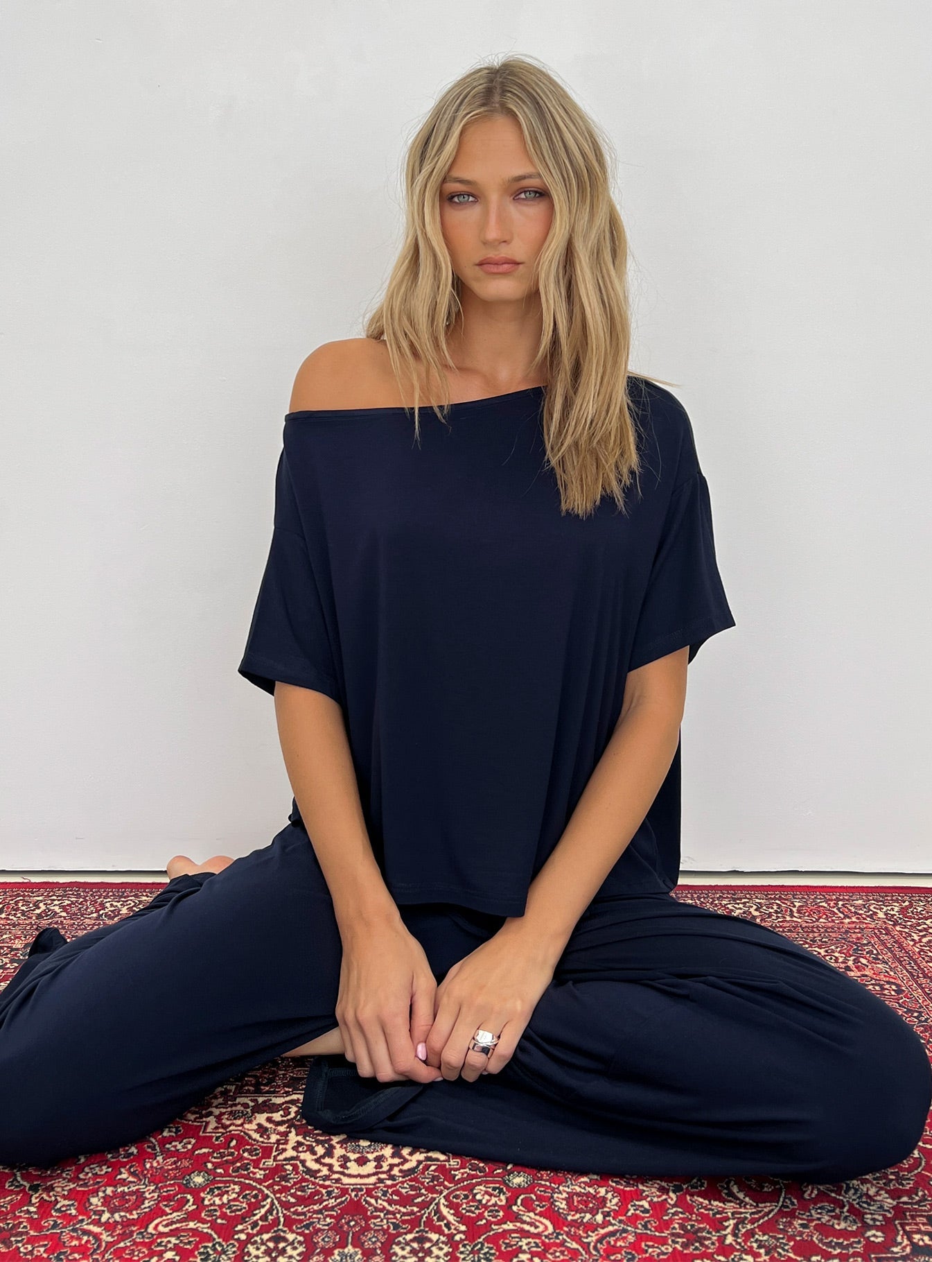 Cozy Hour Sleep Relaxed Off Shoulder Top Navy