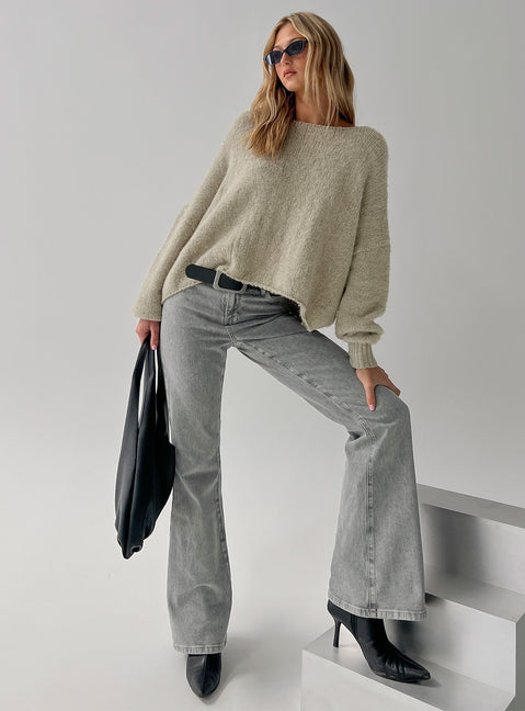 side view of model wearing Princess Polly Magic Mirror Mid Rise Bootleg Jeans Washed Grey Mid Rise Jeans 