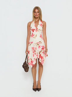 Loreza Halter Asymmetrical Midi Dress Cream Floral