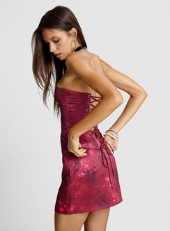 back view of model wearing Princess Polly Lovesita Bow Mini Skirt Red Floral Mini Skirts 