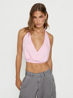 Priella Plunge Halter Top Pink Stripe