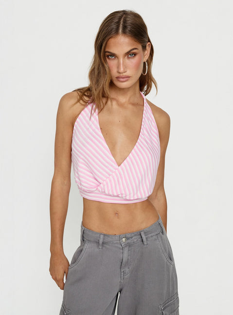 Priella Plunge Halter Top Pink Stripe