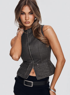 back view of model wearing Princess Polly Spike Zip Front Denim Top Grey Sleeveless High Neck 