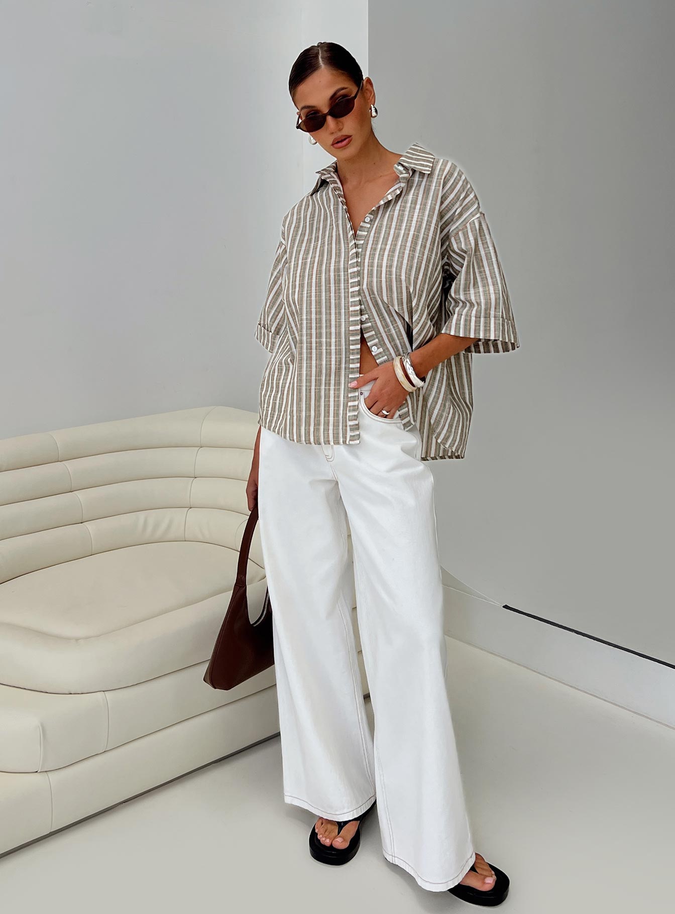 front view of model wearing Princess Polly Qualley Top Multi Half Sleeves V-Neck 