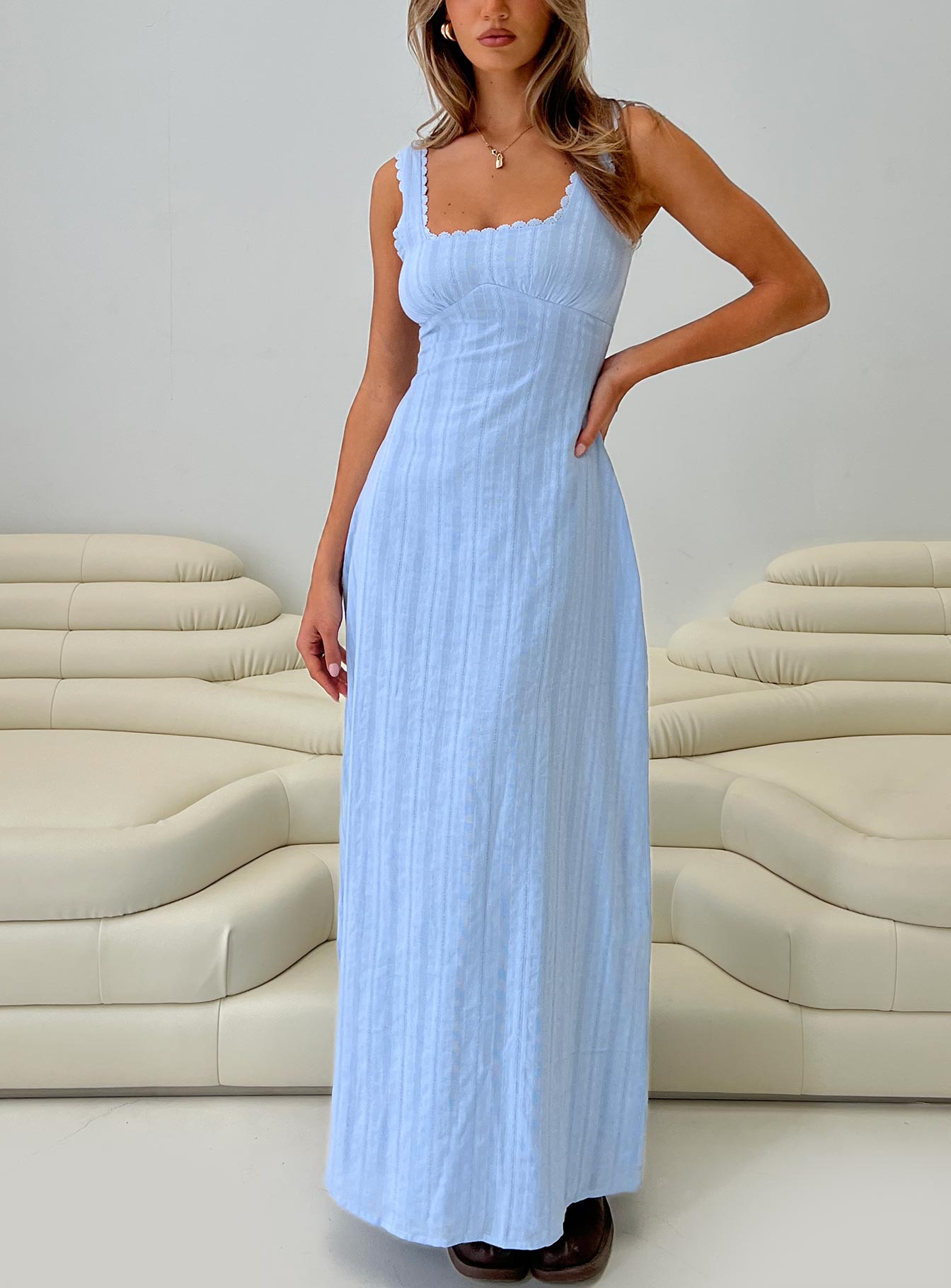 front view of model wearing Princess Polly Dasha Maxi Dress Blue Square Neck 