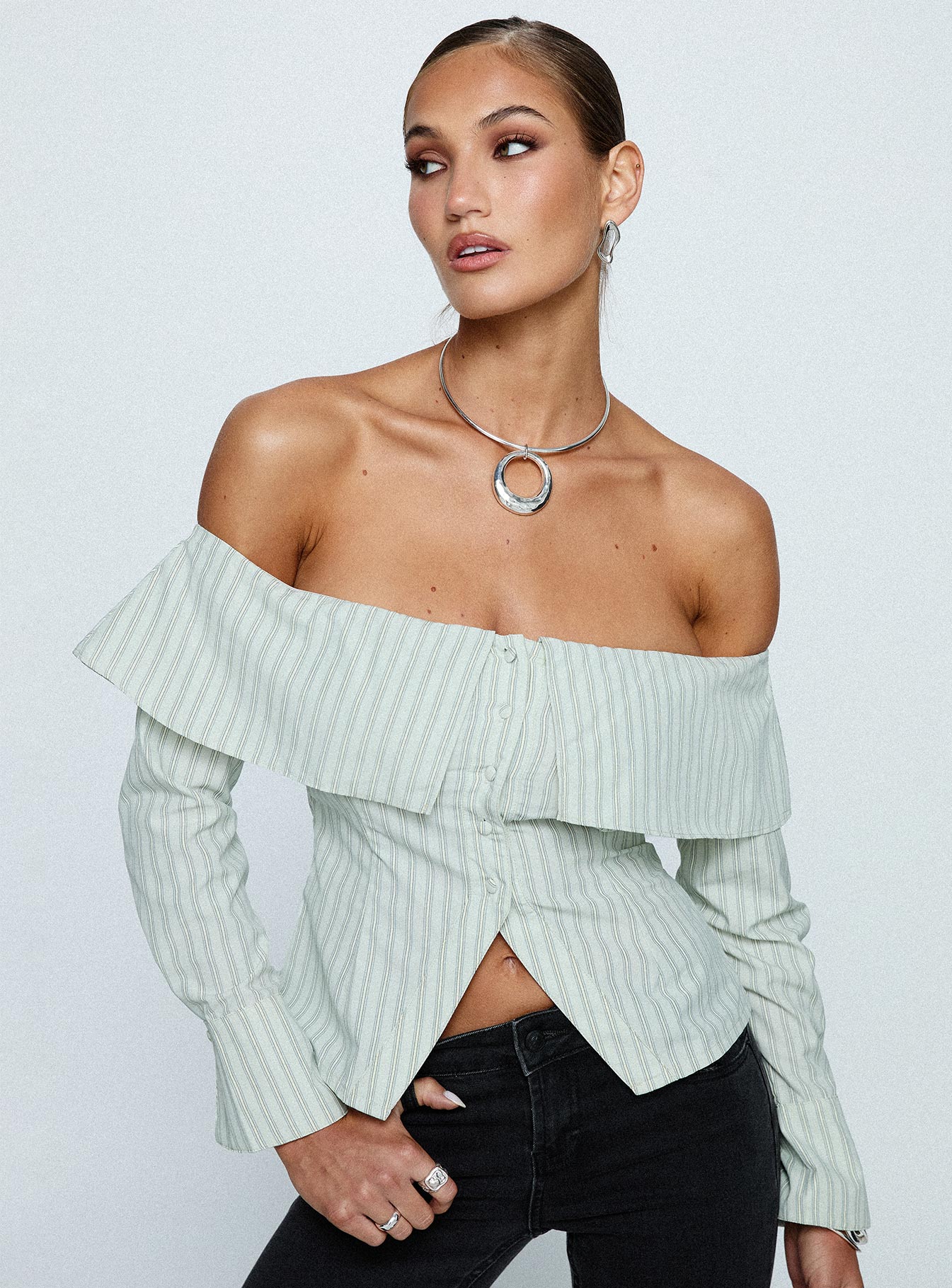 Another Hill Off Shoulder Top Green Stripe