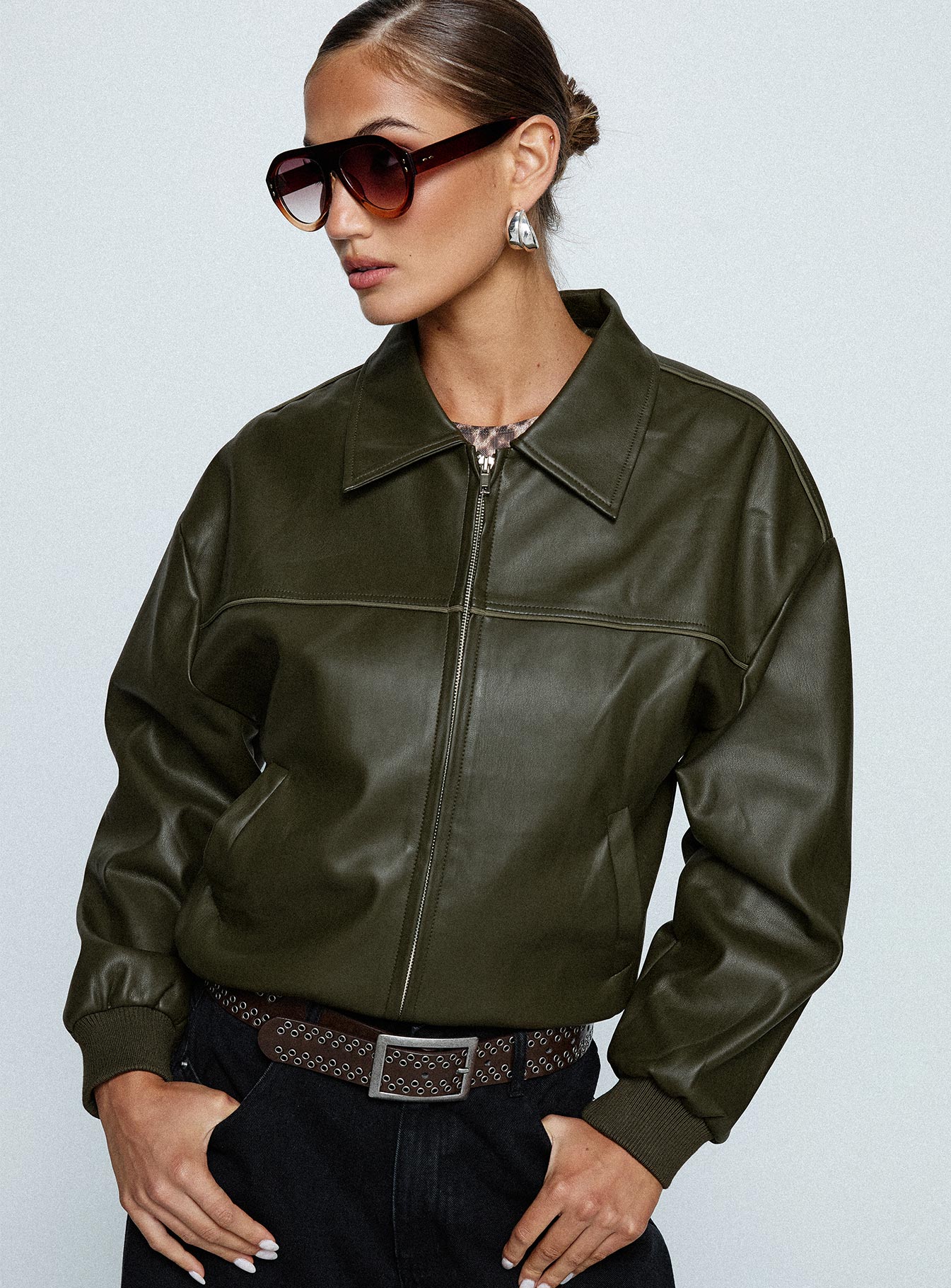 Uncover Faux Leather Bomber Jacket Dark Green