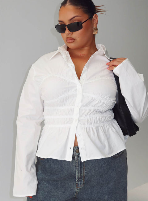 back view of model wearing Princess Polly Liesel Shirred Long Sleeve Top White Curve Full Sleeves V-Neck 