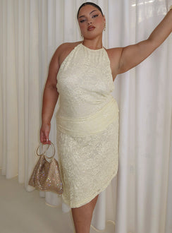 Emmalie Lace Asymmetrical Midi Dress Butter Yellow Curve