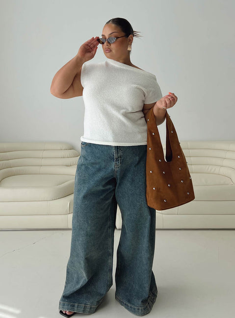 back view of model wearing Princess Polly Ashfield Off Shoulder Top White Curve Short Sleeves Asymmetric Neckline 